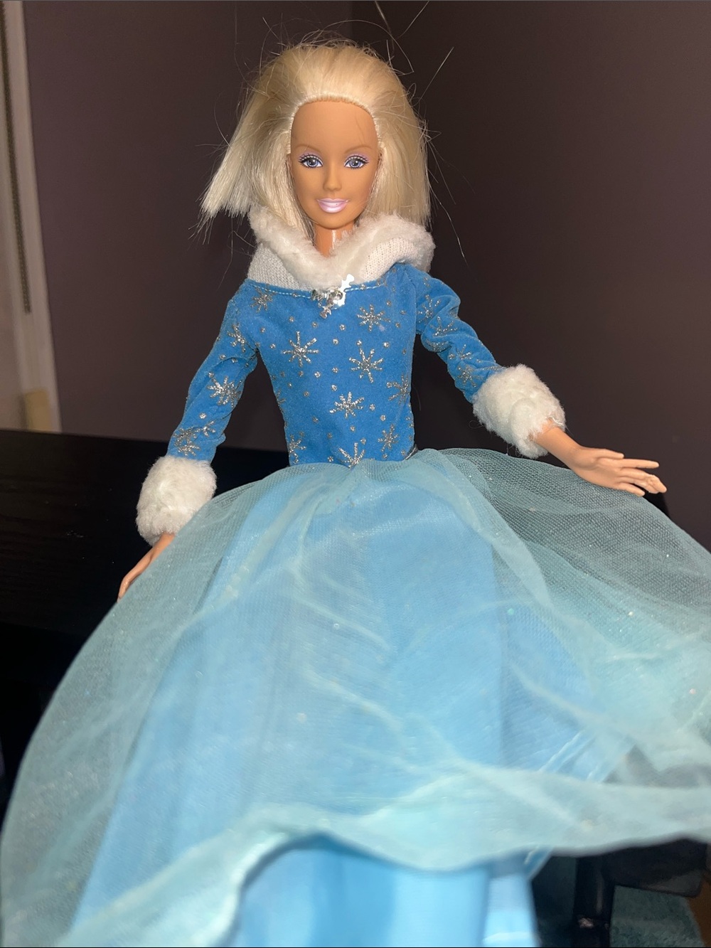 Barbie Blue Snowflake Gown with White Faux-Fur Trim